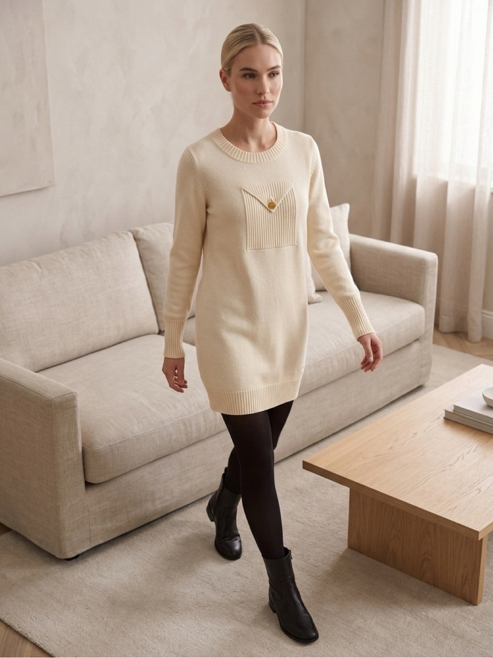 CHANEL Cream Crewneck Sweater with Pocket Button